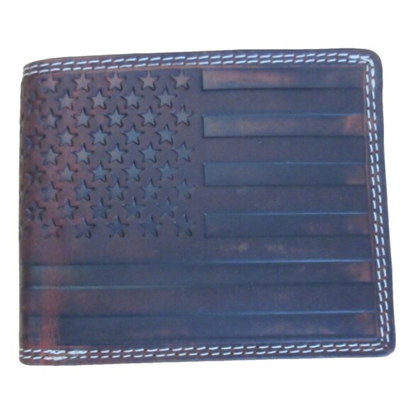 Men's Distressed Leather American Flag Bifold Brown Embossed Leather Wallet NIB - Picture 6 of 6